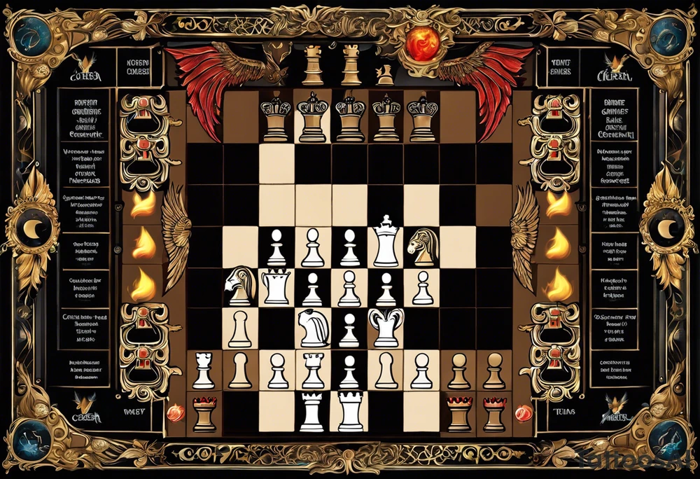 Create a visually stunning chessboard with celestial and infernal themes on opposite sides. Use radiant symbols like halos, feathers, and angelic wings for the celestial side, and incorporate flames, tails, and demonic horns for the infernal side.

Chess Pieces: Design the chess pieces as intricate representations of angels and demons. The angelic pieces could be elegant and ethereal, while the demonic pieces might have a more menacing and fierce appearance.

Details: Add small details to each square on the chessboard, such as heavenly clouds on the angelic side and swirling flames on the demonic side. This intricate detailing enhances the overall visual appeal.

Interaction: Show the chess pieces in mid-motion, suggesting a dynamic and ongoing struggle between the forces. The interaction between the pieces can convey the intensity of the eternal game. tattoo idea