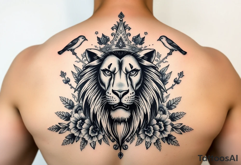 powerful majestic lion with a crown, surrounded by floral ornaments and birds tattoo idea