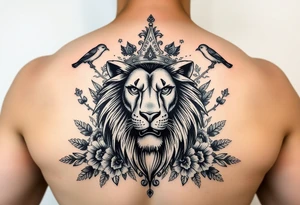 powerful majestic lion with a crown, surrounded by floral ornaments and birds tattoo idea