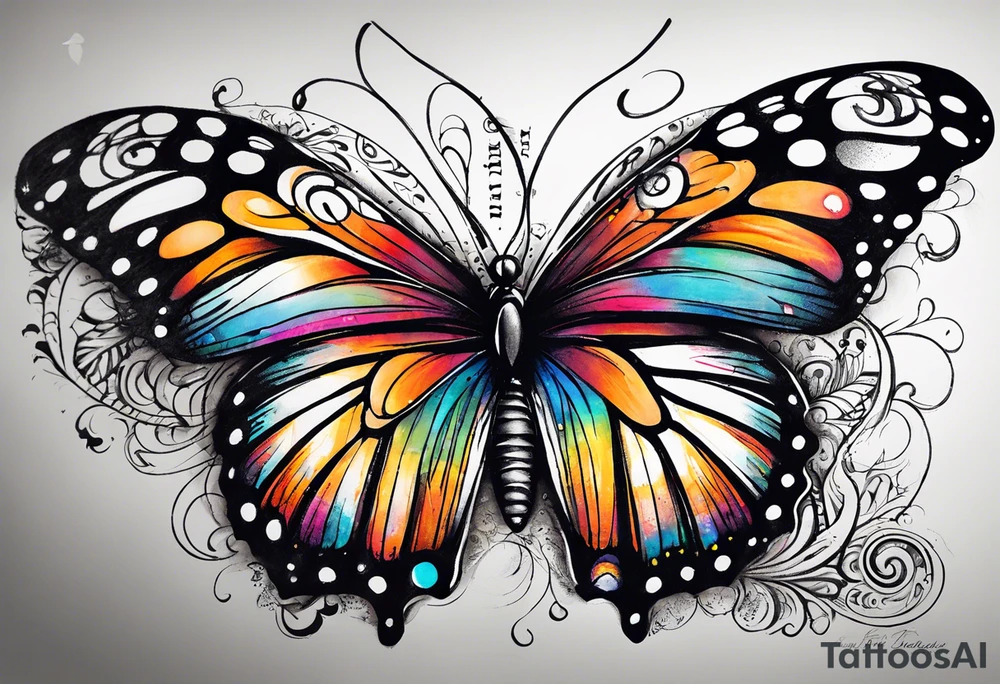 butterfly with one wing black scribbles, the other wing beautiful and colorful, the body has the date 1.9.2023 and the words written "I chose to live." tattoo idea