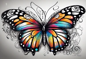 butterfly with one wing black scribbles, the other wing beautiful and colorful, the body has the date 1.9.2023 and the words written "I chose to live." tattoo idea