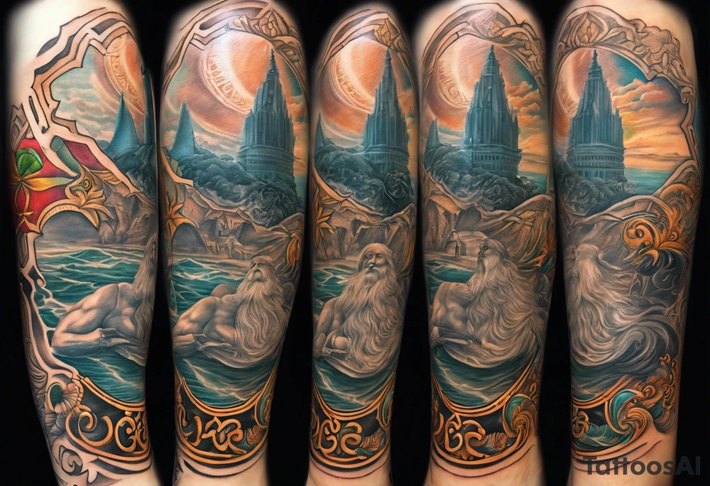 Leg sleeve with God on top representing god over everything, lower on the leg show things like money, drinking, something beachy, cards tattoo idea