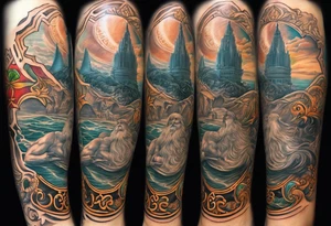 Leg sleeve with God on top representing god over everything, lower on the leg show things like money, drinking, something beachy, cards tattoo idea