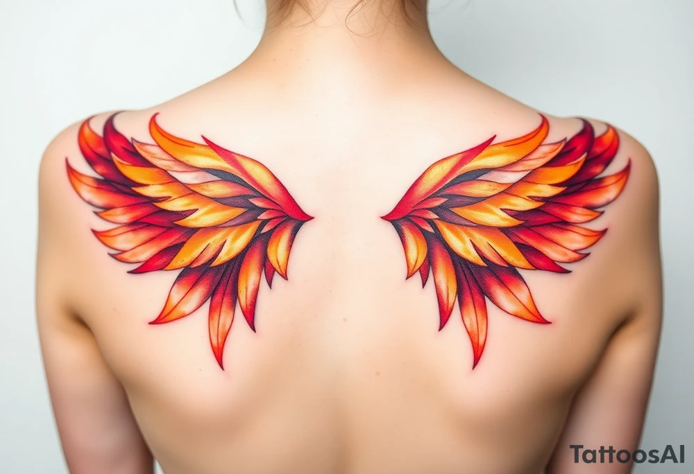A pair of wings made from fire, transitioning from deep red at the base to golden yellow at the tips, symbolizing strength and courage. tattoo idea