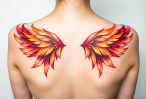 A pair of wings made from fire, transitioning from deep red at the base to golden yellow at the tips, symbolizing strength and courage. tattoo idea