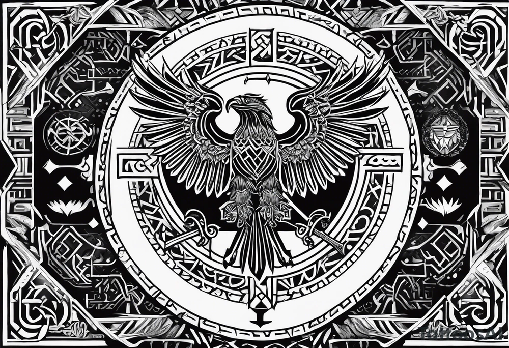 Polish eagle surrounded by viking runes sitting on the tree of life, scattered random geometric shapes and ancient artifacts, include Bruce Springsteens simply the best song tattoo idea