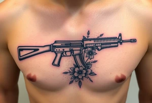 ak 47 black silhouette with floreal details tattoo idea