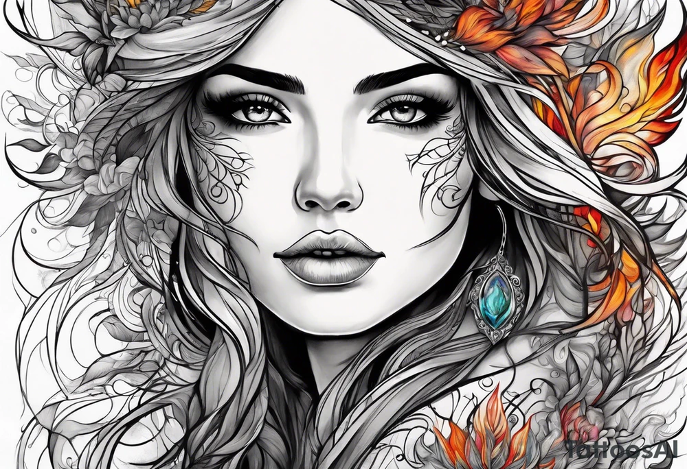 Resurrection strength and courage Beautiful Woman walking through fire and chaos to inner peace and self-love  ethereal tattoo idea