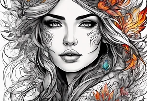 Resurrection strength and courage Beautiful Woman walking through fire and chaos to inner peace and self-love  ethereal tattoo idea