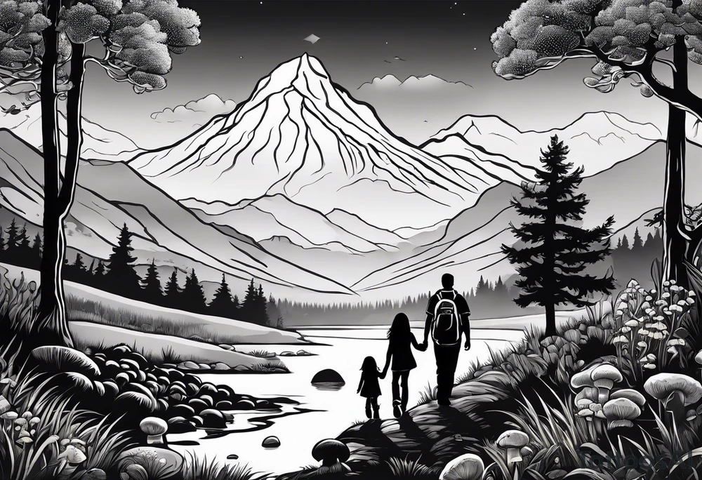 Family silhouette father, mother, son, older daughter, small daughter, foraging mushrooms with mountains and creek in background tattoo idea