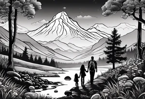 Family silhouette father, mother, son, older daughter, small daughter, foraging mushrooms with mountains and creek in background tattoo idea