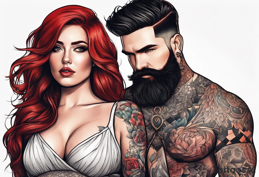 Busty Red haired woman with black haired bearded man tattoo idea