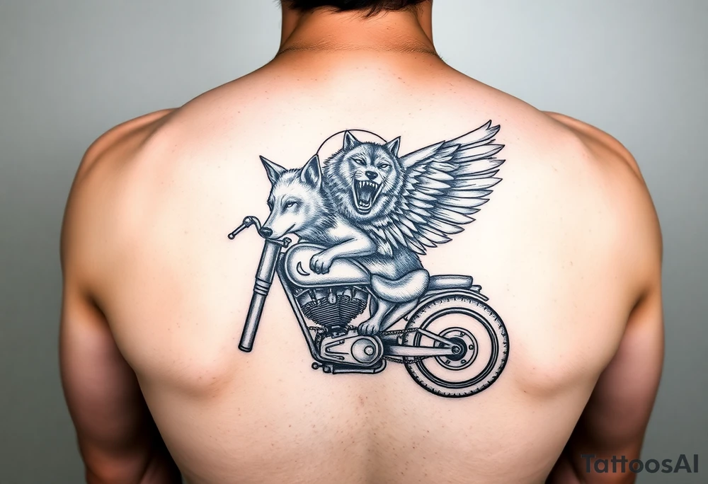 guardian angel wolf on a motorcycle tattoo idea