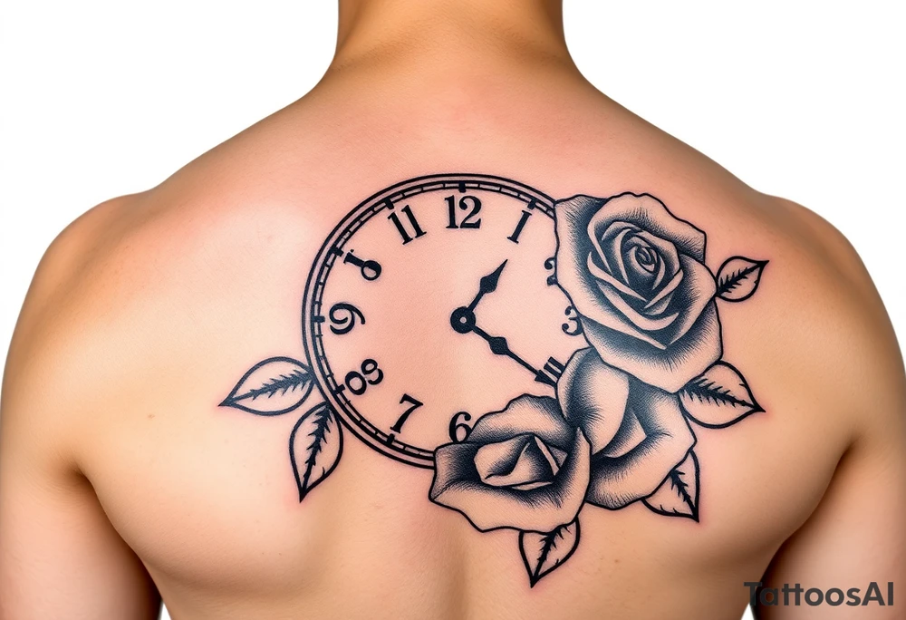 Clock showing 12:56 with rose stencil white background 
Not on body tattoo idea