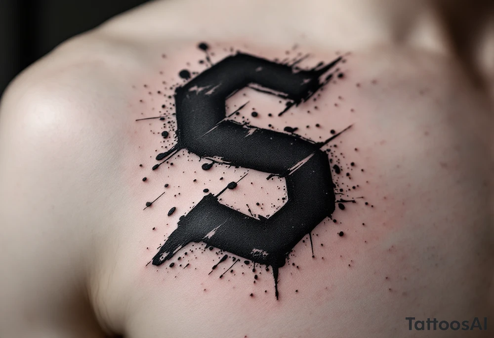 A distressed grunge-style "S" in dark gray and black with paint splatter texture. tattoo idea