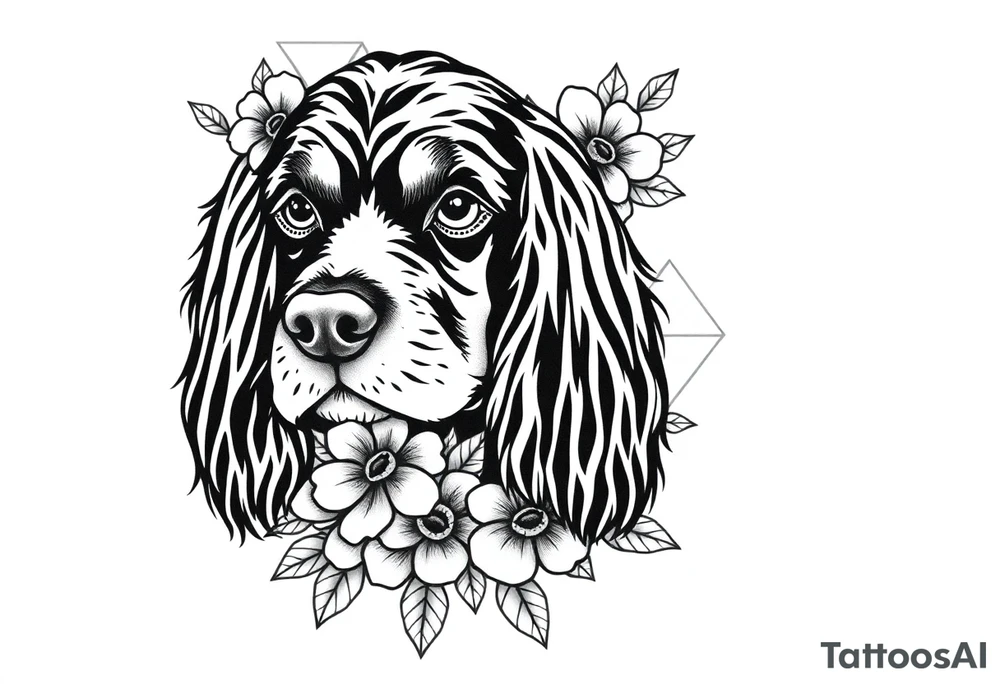 Female Cocker spaniel head with flowers and geometric boarder tattoo idea