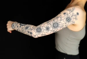Doodles full sleeve with flowers. Not perfect lines. Abstract. Artistic. Unique tattoo idea