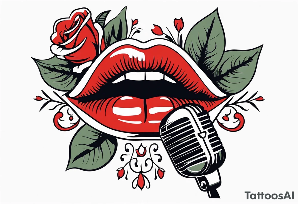 lips singing old school vintage traditional
flowers around and mouth next to microphone tattoo idea