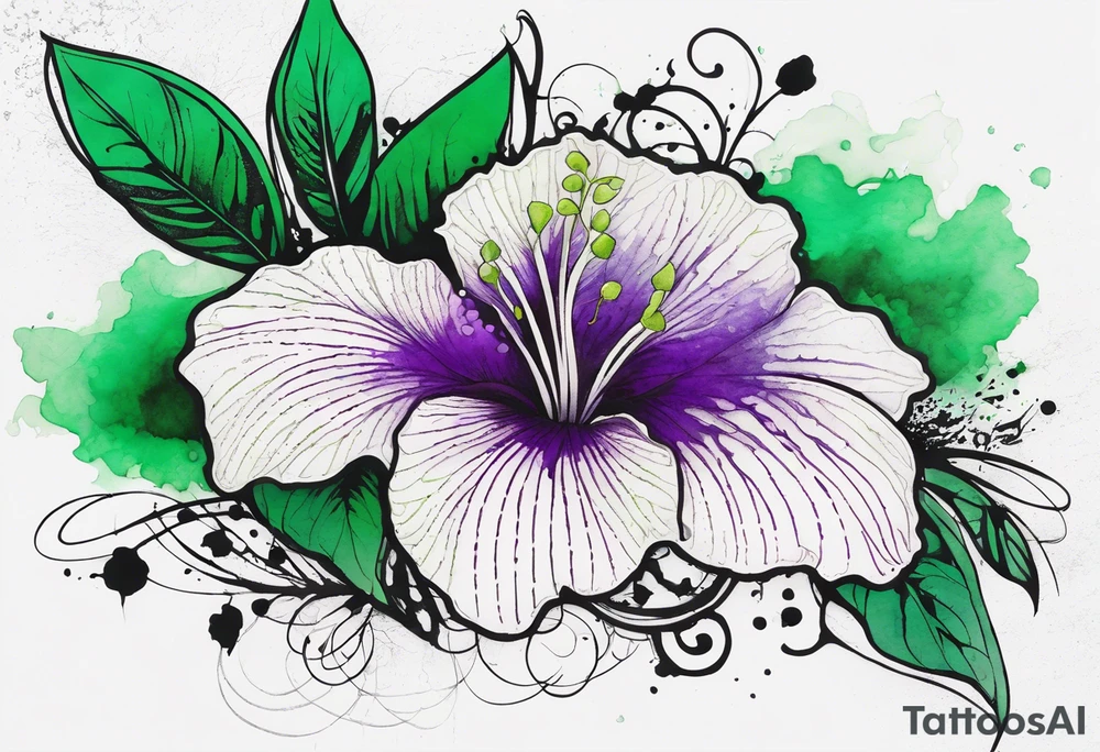 A mystical outline of a green and purple rio dipladenia flower and a green and purple watercolor splash in the background tattoo idea