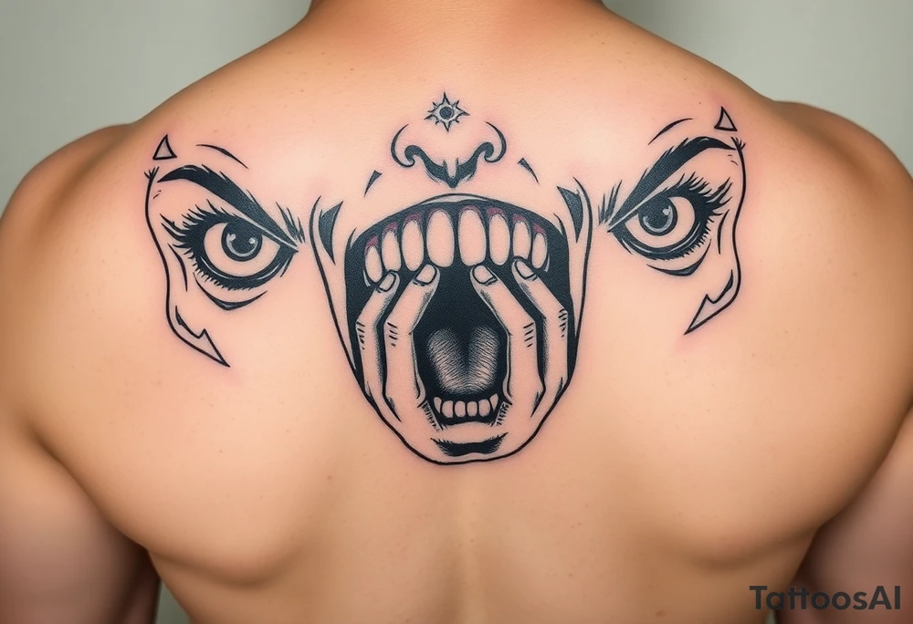 powerful faces with huge eyes and mouth with hands fighting to get out of the mouth tattoo idea