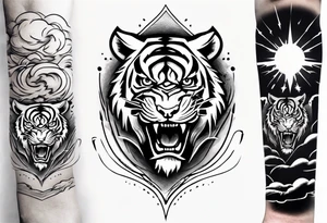 A thundergod tiger forearm sleeve tattoo, with lightning and clouds filling the area tattoo idea