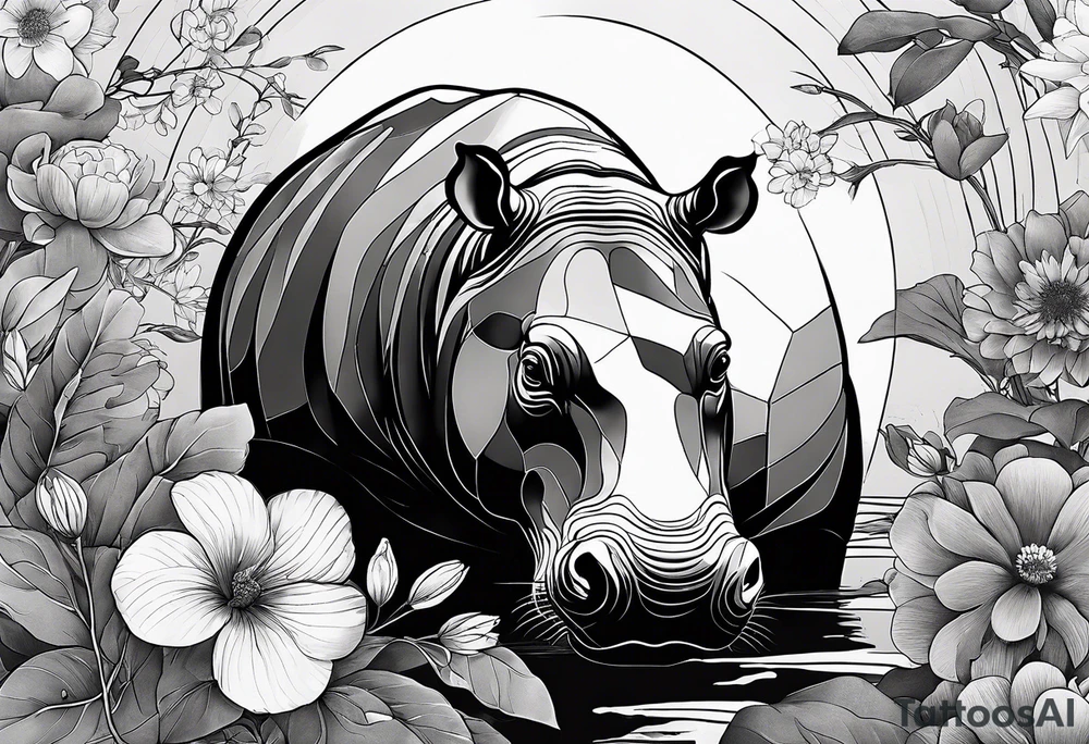 Asymmetrical, geometric, chinese ink art touch, hippo , full moon, flower, light tattoo idea