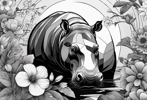 Asymmetrical, geometric, chinese ink art touch, hippo , full moon, flower, light tattoo idea