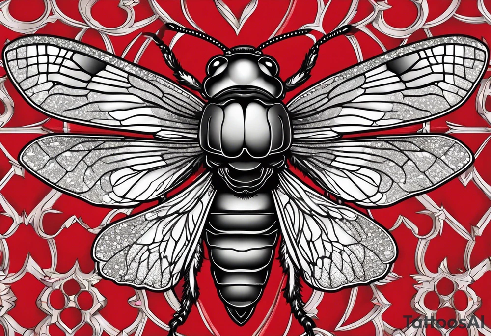 Black stippled cicada with red pattern or texture background tattoo idea