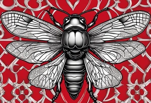 Black stippled cicada with red pattern or texture background tattoo idea