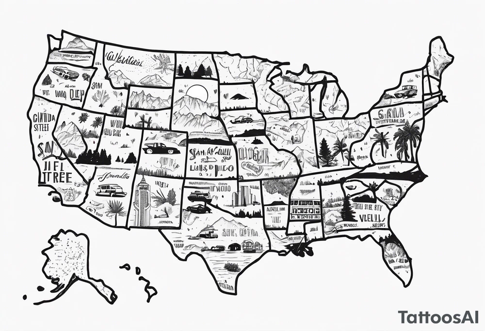 Roadtrip trough California on a Map.
Stops are: San Francisco, Yosemite Park, Death Valley, Las Vegas, Grand Canyon, Joshua Tree, Los Angeles and San Diego.
Erase all the other streets tattoo idea