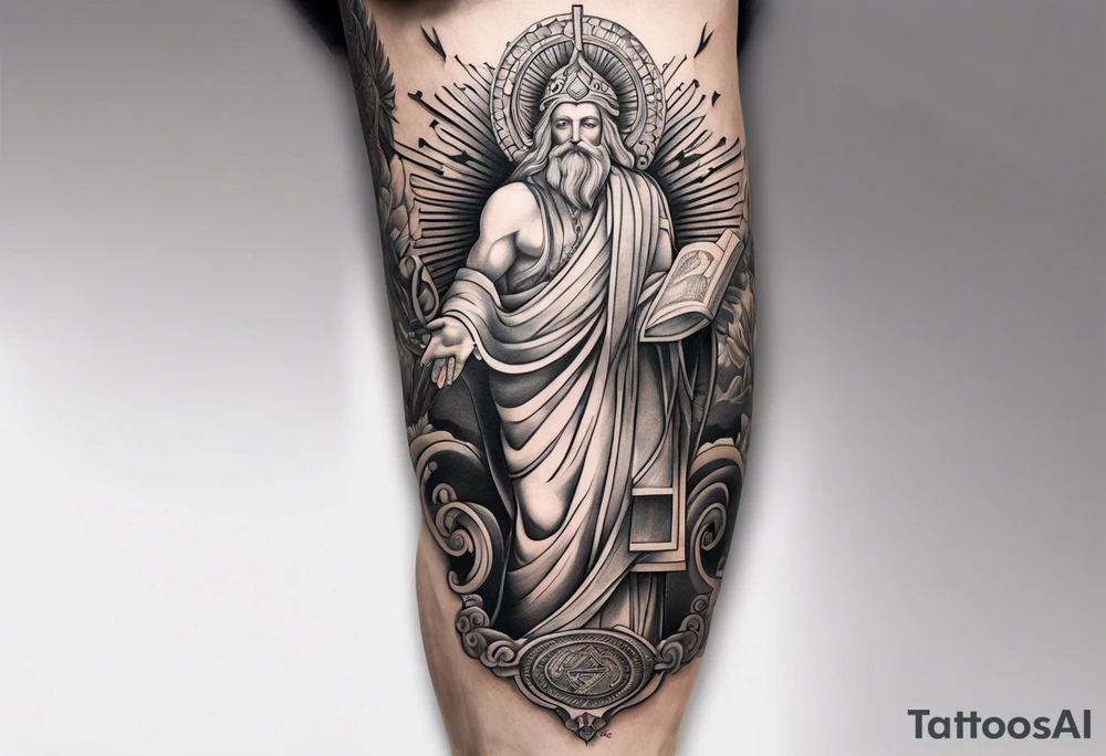 Leg sleeve with God on top representing god over everything, lower on the leg show things like money, drinking, something beachy, cards tattoo idea