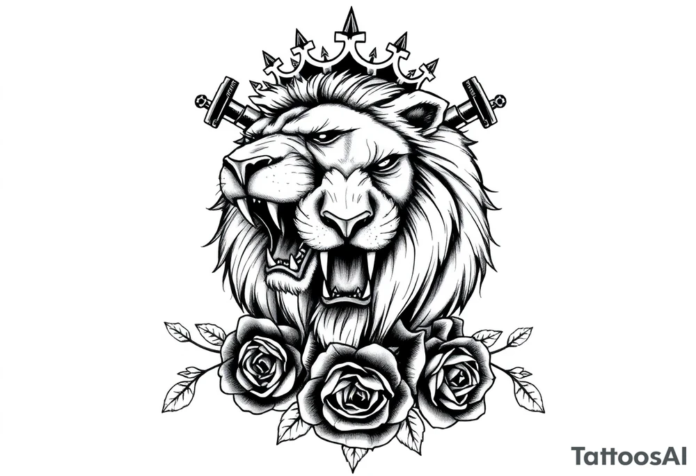 Majestic lion roaring, crown askew, crossed swords behind mane, dark roses cascading down. tattoo idea