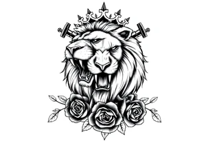Majestic lion roaring, crown askew, crossed swords behind mane, dark roses cascading down. tattoo idea