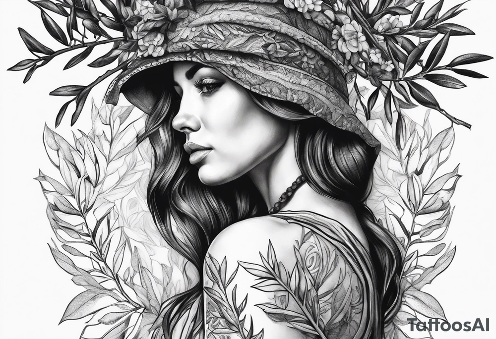 a woman turning herself in an olive tree tattoo idea