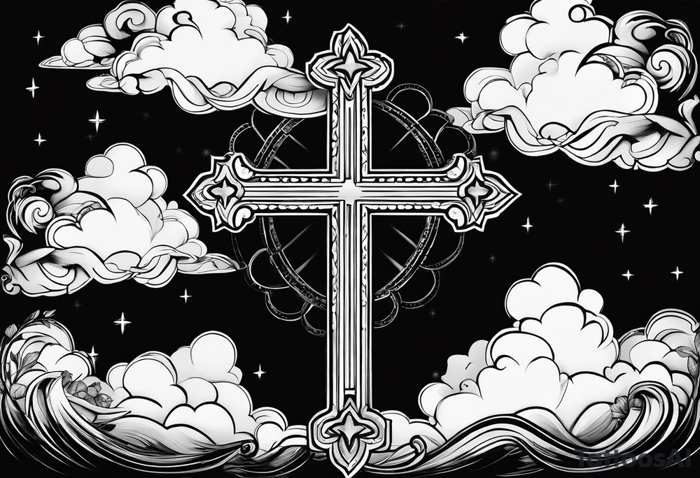 bible verse with a very simple cross in the background and realistic clouds shadowing the cross in the background tattoo idea
