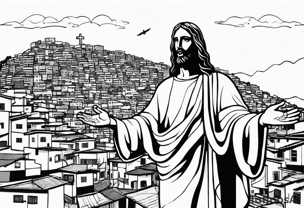 statue of jesus from Rio De Janeiro, below him as background there are favelas houses and above his hands as background is sky with slight clouds tattoo idea