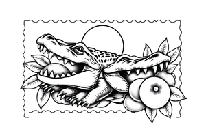 can you do another post stamp florida themed design with a gator the sun and oranges in a traditiona style
please add the vertical rectangle postage stamp tattoo idea