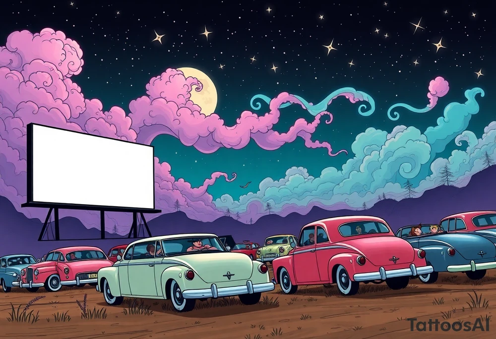 Tim Burton’s 40s drive in movie from outside view has lots of cute pastel vintage cars and couples watching the movie and dripping with muted reds, dusty pinks, and eerie green glow purple and cyan smokey clouds swirl and dance in the moonlit night sky filled with twinkling stars  tattoo idea tattoo idea