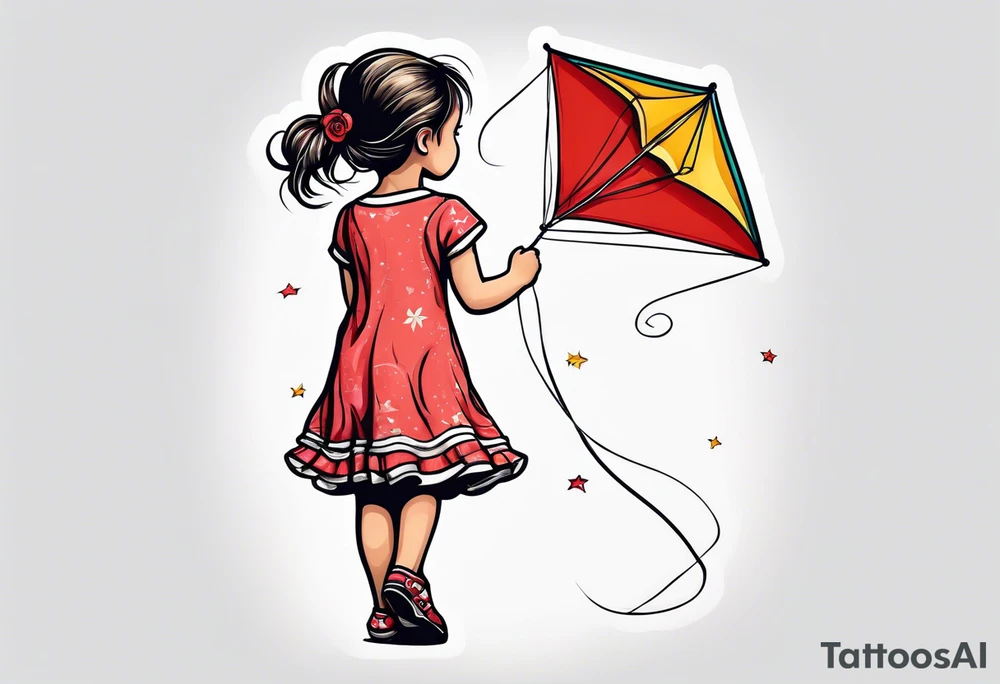 the back of a little girl in a dress, flying a kite tattoo idea