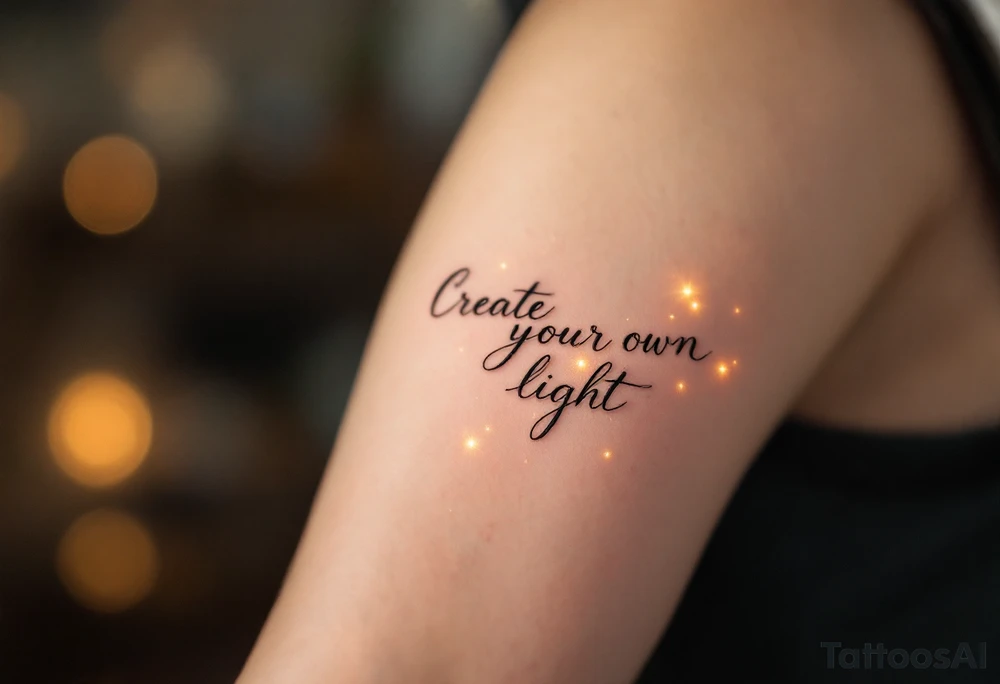 "Create Your Own Light" in delicate serif font, charcoal black with subtle glowing halo effect in warm yellow tones. tattoo idea