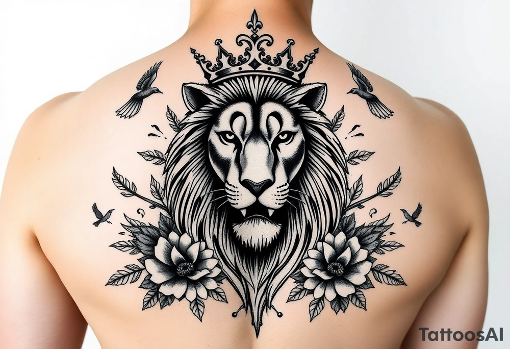 powerful majestic lion with a crown, surrounded by floral ornaments and birds tattoo idea