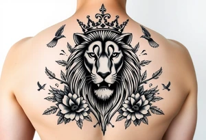 powerful majestic lion with a crown, surrounded by floral ornaments and birds tattoo idea