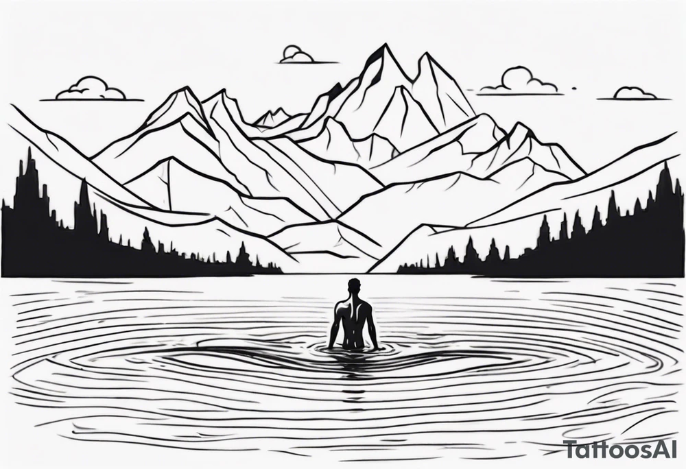 man swimming in lake. minimalist tattoo. No mountains in the background, not a lot of details tattoo idea