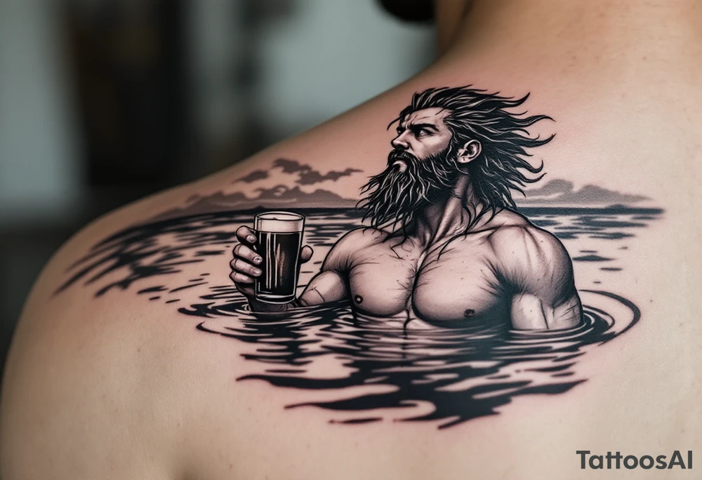 young, fit poseidon in calm water, holding a trident, drinking a beer, looking at the sky tattoo idea
