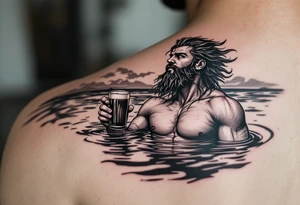young, fit poseidon in calm water, holding a trident, drinking a beer, looking at the sky tattoo idea