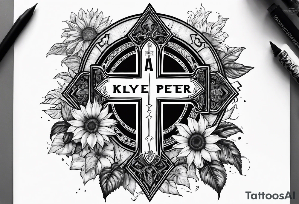 A central cross with the names Kyle Peter Lori on it with lighting a motorcycle and a sunflower around it tattoo idea