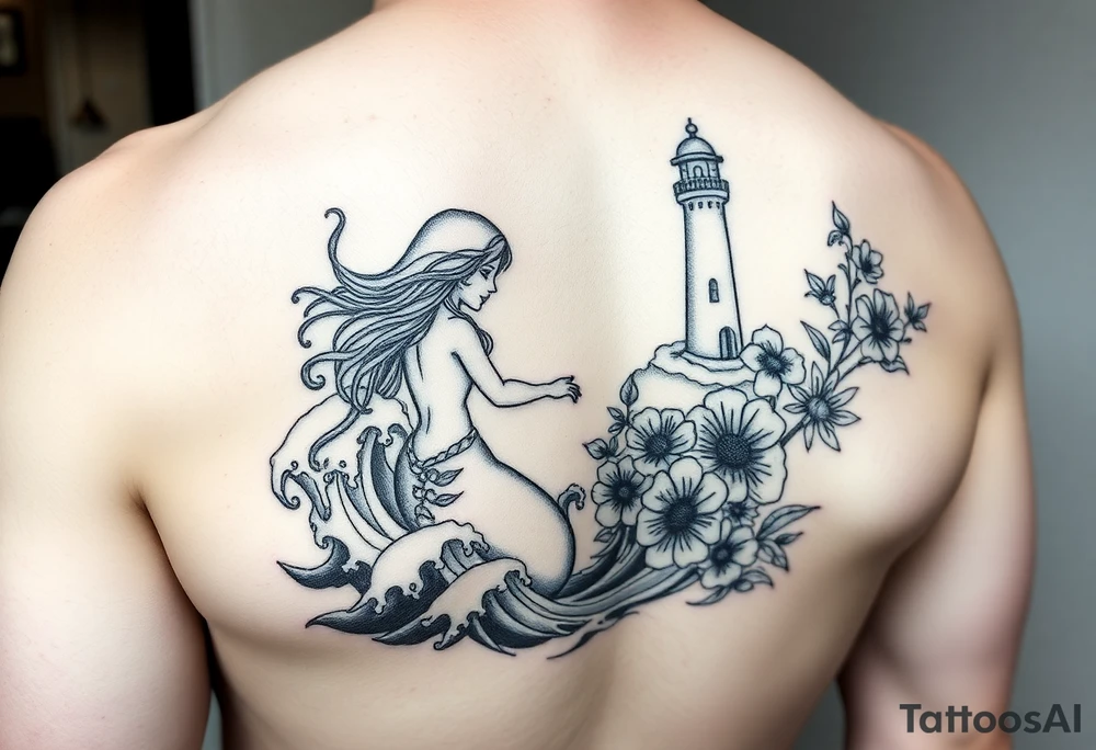 Mermaid in waves with flowers and lighthouse tattoo idea