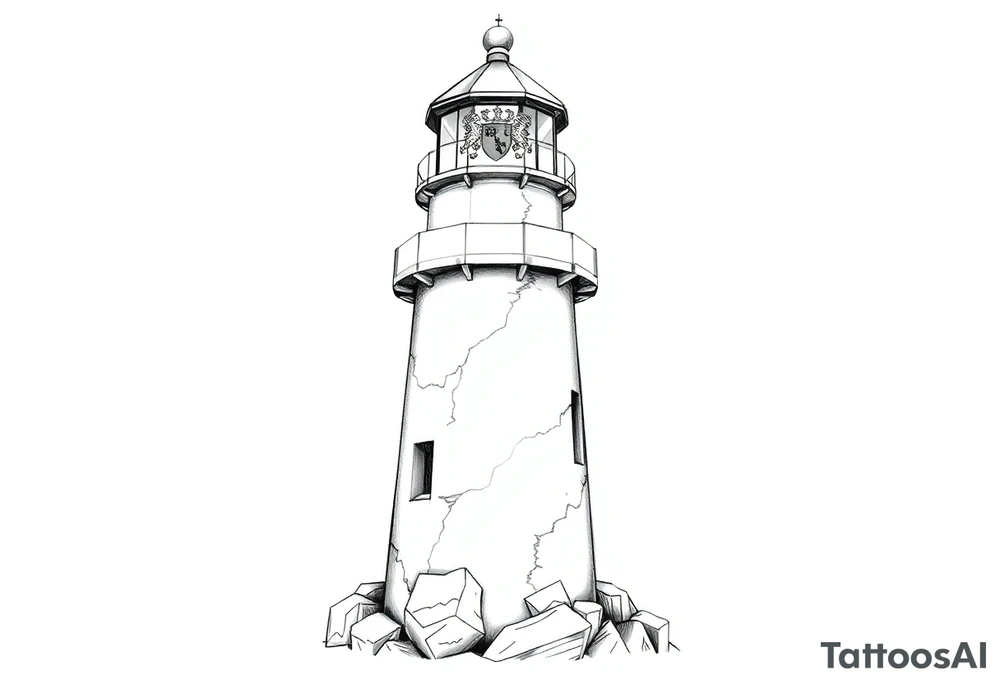 a whole lighthouse with a coat of arms incorporated into the roof tattoo idea