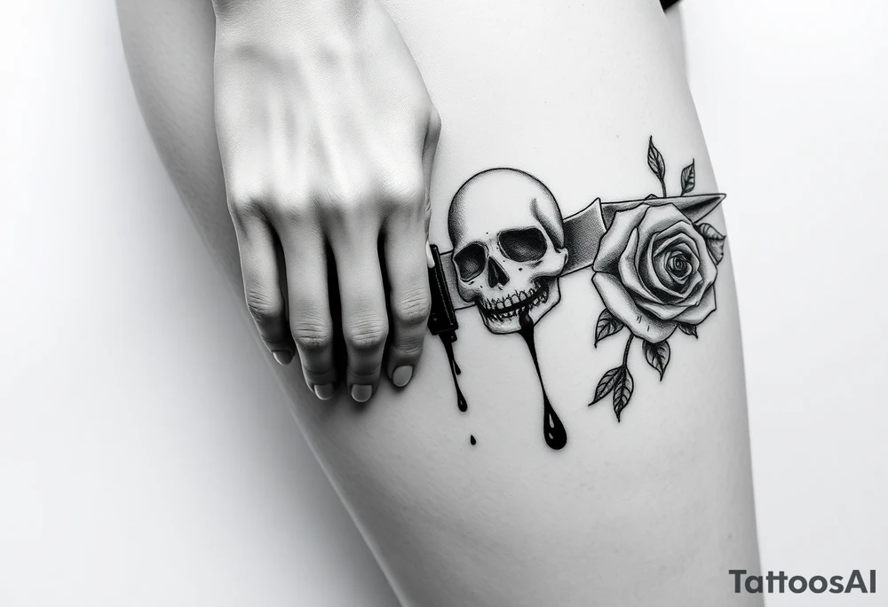en el caos encontré mi forma favorita 
de amarte somos veneno y promesa.  Add around 

Woman’s hand reaching down grabbing blade handle, skeleton head on right under blade, rise on right under blade, blood dry from tip of blade, skeleton hand reaching for Blade tip. Just the hand and place above blade handle reaching for handle. Skull and rose underneath blade. Just the skeleton hand reaching for tip of knife which is dripping blood. tattoo idea