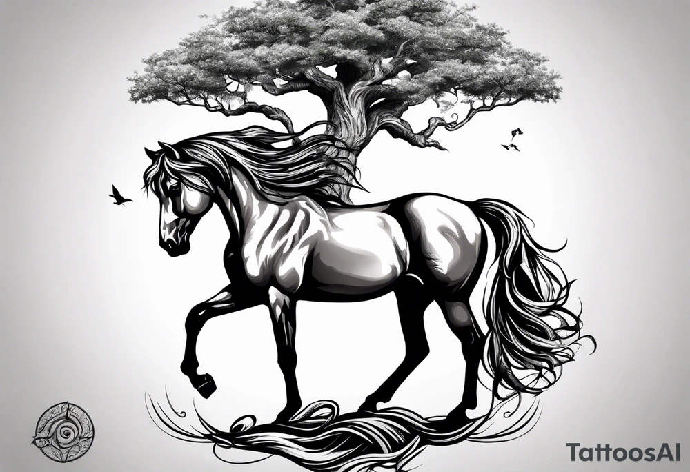 Realistic Horse and Yggdrasil tree tattoo idea